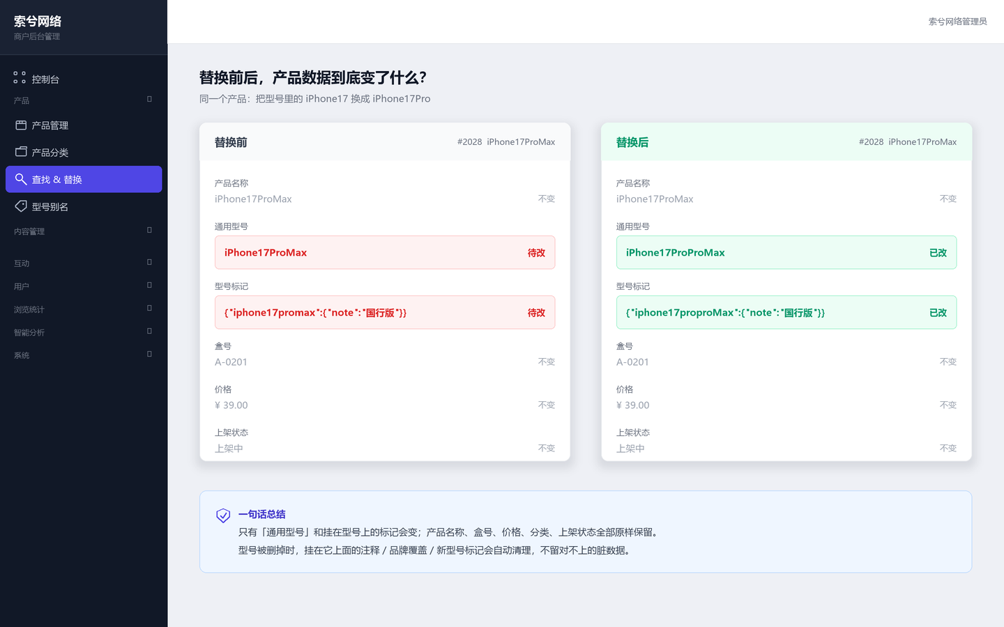 替换前后对比:只有通用型号与型号标记发生变化,产品名称、盒号、价格、上架状态保持不变